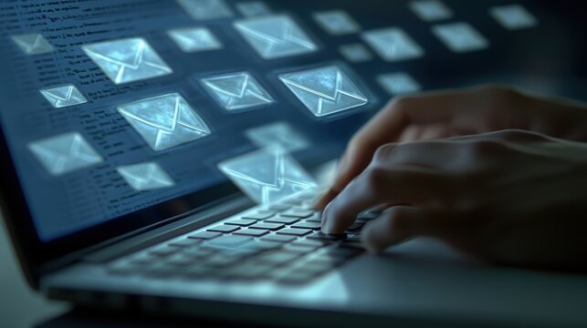 A close-up of a laptop screen displaying an open email inbox, with a hand typing on a white keyboard, symbolizing digital communication and work - Powered by Adobe