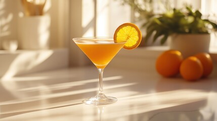 A close-up of a glass of freshly squeezed orange juice on a white kitchen counter, with a slice of orange on the rim, ideal for food photography