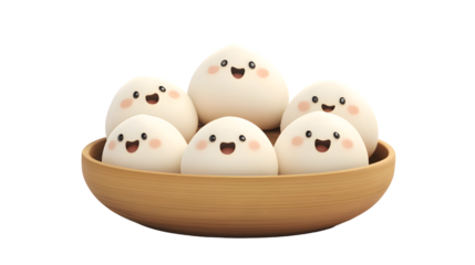 Adorable cartoon dumplings in wooden bowl happy smiling food illustration