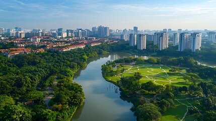 Picturesque cityscape blending nature and urban architecture along a calm river