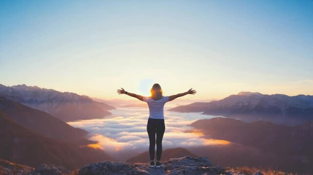 A woman with scratched arms standing  on the mountain with clouds