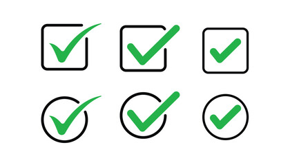 Approval symbol. check box icon with correct. accept green checkmark tick icon in box and circles. check list circle frame. check mark square frame © BhandariProductions