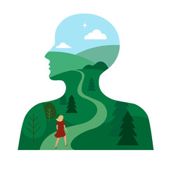 Silhouette of a head in profile, inside which is a landscape, a road with a walking girl. Illustration on the human brain, psychology, meditation, self-knowledge, inner life