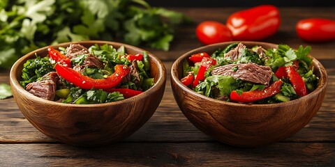 Beef Salad on Wooden Table