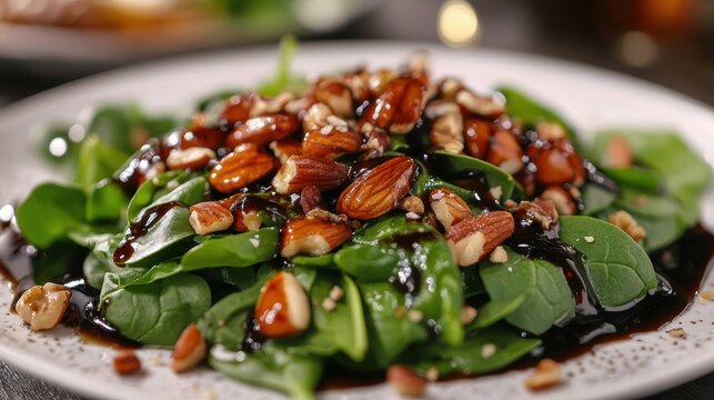 A close-up of a fresh, vibrant green salad with spinach, nuts, and a balsamic dressing on a white plate, ideal for healthy eating content
