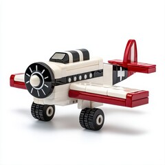 Close-up of a miniature airplane model made of interlocking blocks featu white and red colors with a black propeller and Swiss insignia on tail