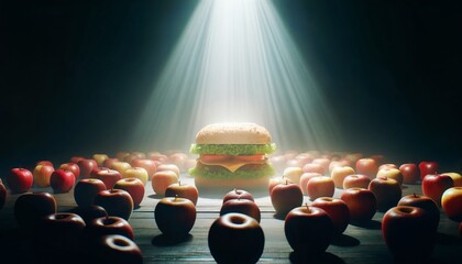 Illuminated Indulgence - Junk Food vs Nature’s Bounty - The Paradox of Choice - Seduced by the Spotlight - Healthy Fringe, Unhealthy Core
