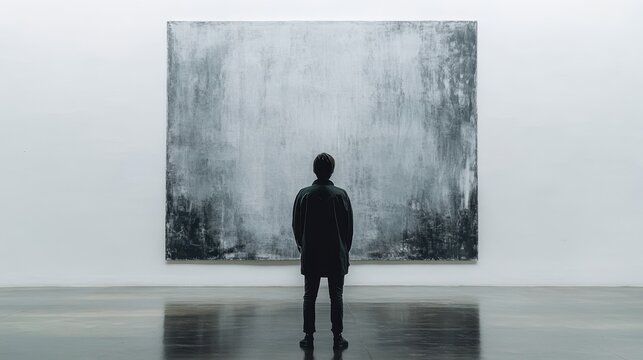 A front-facing shot of a person standing in front of a large white wall with a paintbrush, creating a minimalist artwork, ideal for creative and artistic content