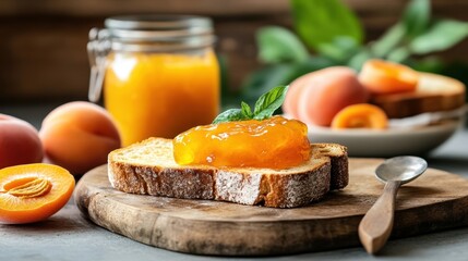 Luscious homemade apricot jam melting on warm toast slice, cozy countryside breakfast vibe