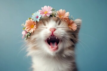 Cute baby cat ragdoll wearing free flower crown on its head - symbol of sunny vacation time. Isolated ultramarine background, copy space, ad idea. Cat with flower wreath for postcards.
