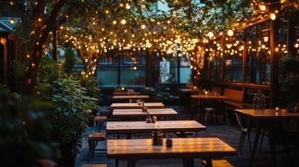 Outdoor patio restaurant at night, lit by string lights.