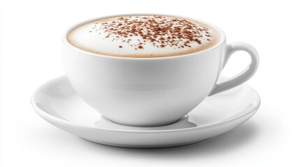 A macro shot of a gourmet coffee cup with a rich foam texture on top, placed on a white saucer, perfect for coffee-related content