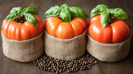 Tomatoes in Burlap, Wooden Table