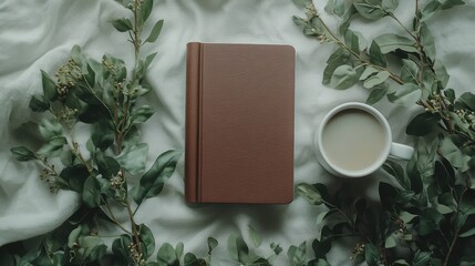 A top-down view of a minimalist desk setup with a notebook, a plant, and a white coffee cup, symbolizing productivity and clean design