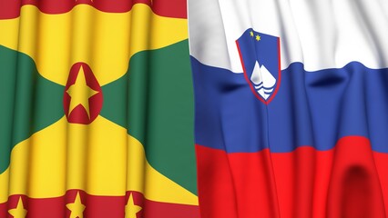Fototapeta premium Flags of GRENADA and SLOVENIA with realistic cloth texture
