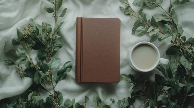 A top-down view of a minimalist desk setup with a notebook, a plant, and a white coffee cup, symbolizing productivity and clean design