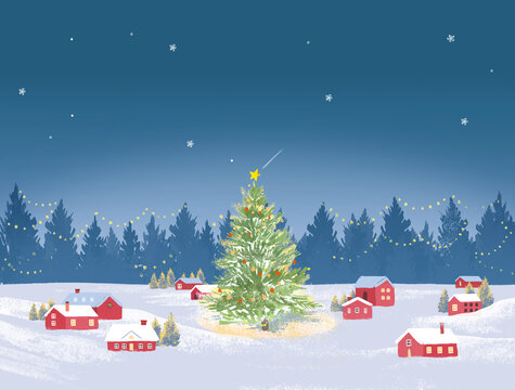 크리스마스 트리 눈 내리는 마을