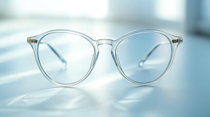 A macro shot of a pair of glasses with a white frame placed on a white surface, ideal for fashion and accessories photography