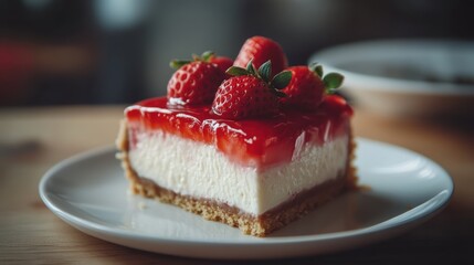 A close-up of a slice of cheesecake with strawberry topping, placed on a white plate, ideal for dessert photography