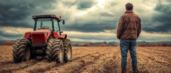 Obraz premium Farmer standing by tractor in a plowed field