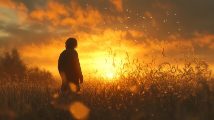 A person stands in a field looking toward a sunrise