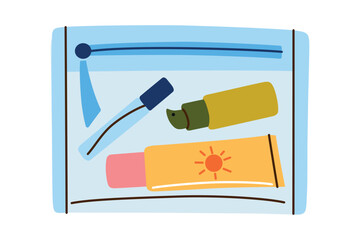 Flat cartoon illustration of cosmetic bag with skincare and sun protection products. Summer travel vector icon, perfect for beach vacation, beauty routine, and personal care on the go