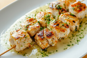 Grilled Chicken Yakitori on Skewers Served on White Plate – Commercial Stock Photo 


