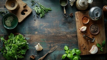 Overhead view of various herbs and spices on a rustic wooden table.
