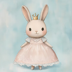 Obraz premium Cute rabbit in a crown and dress on a soft blue background Generative AI
