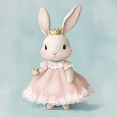 Obraz premium Cute rabbit princess in a pink dress with a crown at a whimsical setting Generative AI
