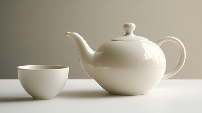A close-up of a white ceramic teapot with a tea cup on a white surface, symbolizing relaxation and tea time content