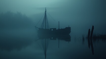 Obraz premium Ephemeral Voyage: A Ghostly Ship Drifts Through a Mysterious Misted Waterscape