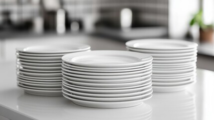 A close-up of a set of white ceramic plates stacked neatly on a clean white table, perfect for tableware and home decor content