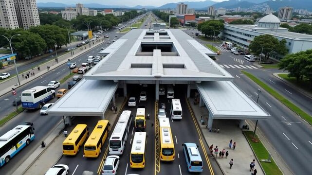 City Bus Station Aerial View Showing Traffic and Urban Landscape
