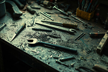 Fototapeta premium Assorted Tools Spread Across Workshop Floor – Commercial Stock Photo 