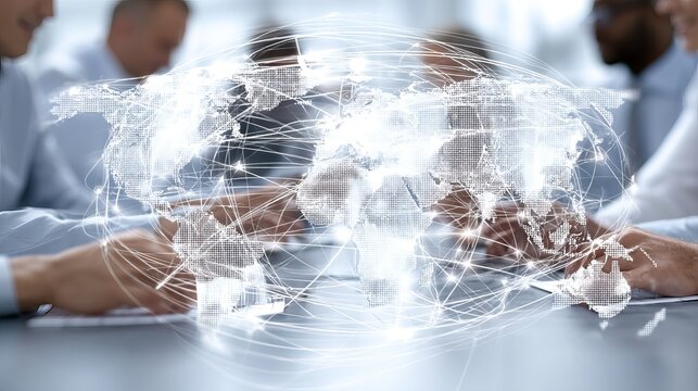 International team of business professionals collaborating via digital platforms, sharing data and delivering client support for seamless global outsourcing solutions