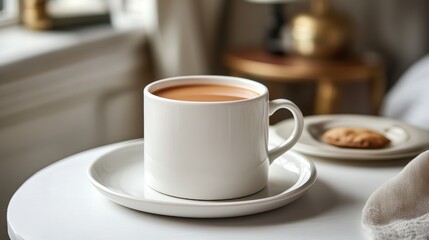 Fototapeta premium A close-up of a simple and elegant white ceramic mug with a hot drink, placed on a white table with a small plate