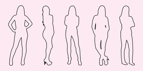 Woman standing silhouette. Female models in different poses standing in line style. Vector illustrator