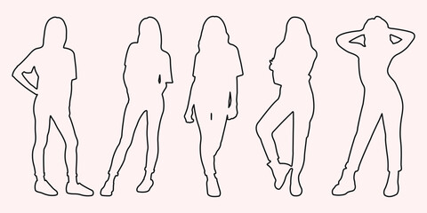 Woman standing silhouette. Female models in different poses standing in line style. Vector illustrator