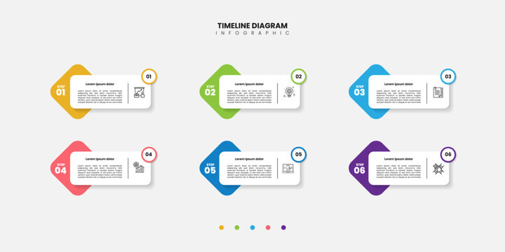 6 Steps Infographics Design Template. Graph, Pie chart, workflow layout, rectangular box diagram, timeline, report, presentation design template Editable