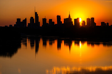 Fototapeta premium Warsaw skyscrapers panorama over the Vistula River, Poland.