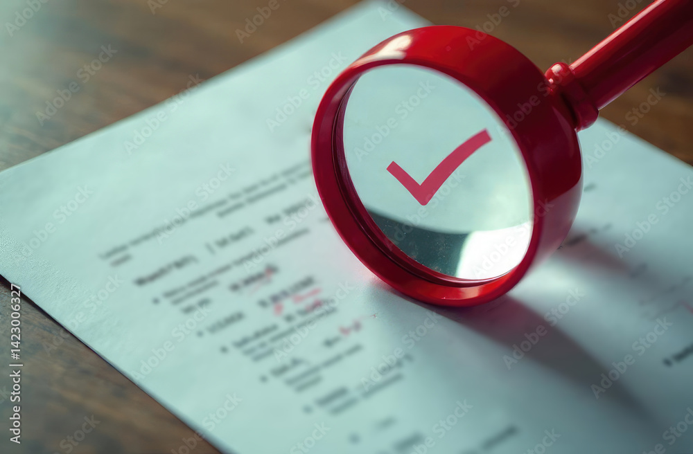 Poster magnifying red glass and check mark icon,show check the authenticity of the document