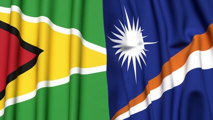 Flags of GUYANA and MARSHALL ISLANDS with realistic cloth texture