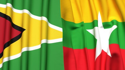 Flags of GUYANA and Myanmar with realistic cloth texture