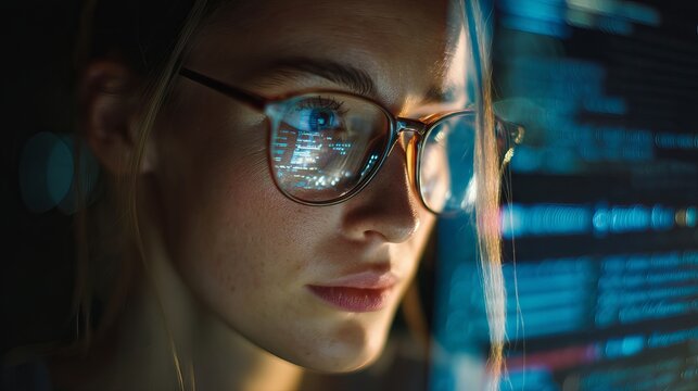 Female software engineer wearing glasses coding data analytics dashboard on computer at night with holographic cybersecurity interface overlay