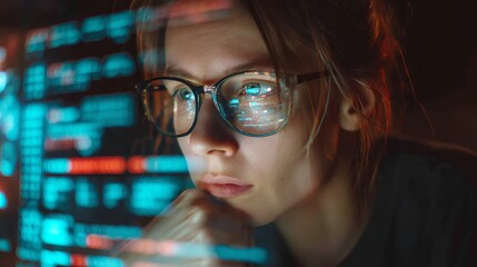 Female software engineer wearing glasses coding data analytics dashboard on computer at night with holographic cybersecurity interface overlay