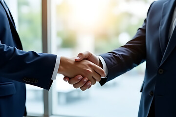 businessmen shaking hands in front of the office Handshake Between Professionals in Office Environment, Symbolizing Teamwork, Business Deal, Trust-Building, Strategic Alliance, and Corporate Growth Op