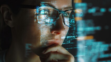 Female software engineer wearing glasses coding data analytics dashboard on computer at night with holographic cybersecurity interface overlay