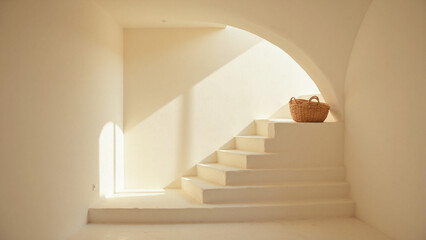 Minimalist white staircase with a basket on top, bathed in natural light