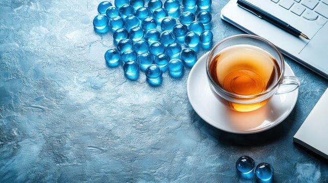 A top-down view of a neatly arranged workspace with a white laptop, notebook, pen, and a cup of coffee, ideal for a professional vibe